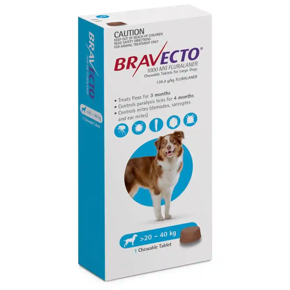 ברבקטו BRAVECTO טבליה לכלבים נגד פרעושים וקרציות משקל : 20-40 ק"ג