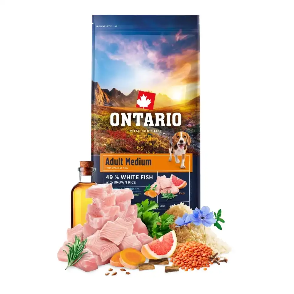 אוכל לכלבים אונטריו ONTARIO על בסיס דגים ואורז גזע בינוני אוכל לכלבים אונטריו ONTARIO על בסיס דגים ואורז גזע בינוני