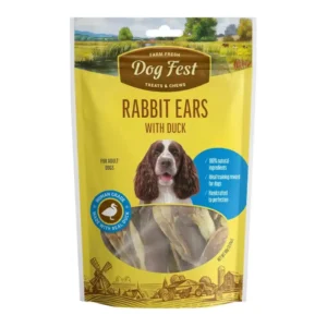 חטיף כלבים דוג פסט Dog Fest אוזני ארנב עם בשר ברווז משקל : 90 גר‘
