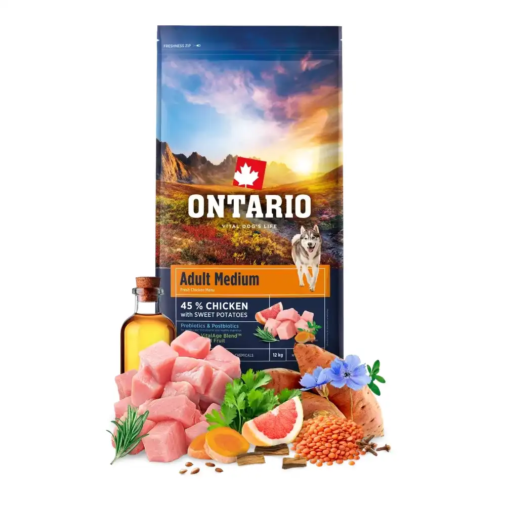 מזון לכלבים אונטריו ONTARIO עוף בטטה גזע בינוני מזון לכלבים אונטריו ONTARIO עוף בטטה גזע בינוני