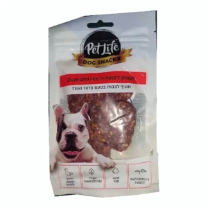 חטיף לכלבים פט לייף לבבות ברווז ואורז משקל : 80 גר‘