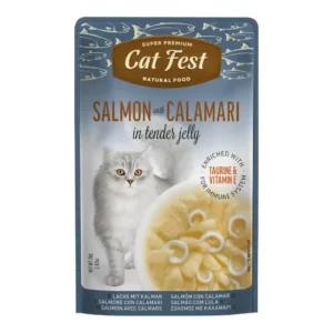 מעדן לחתול קאט פסט Cat Fest נתחי סלמון וקלמרי בג‘לי