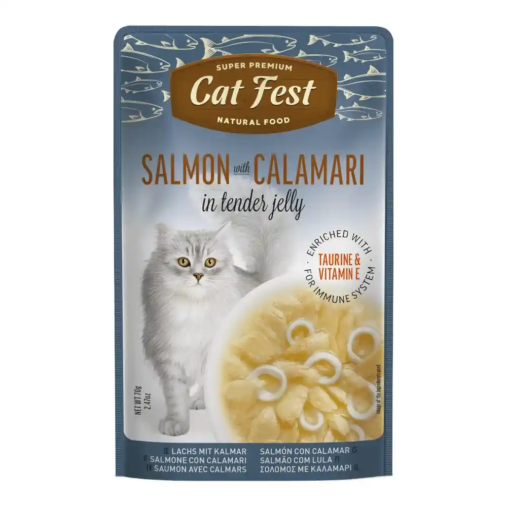 מעדן לחתול קאט פסט Cat Fest נתחי סלמון וקלמרי בג‘לי מעדן לחתול קאט פסט Cat Fest נתחי סלמון וקלמרי בג‘לי