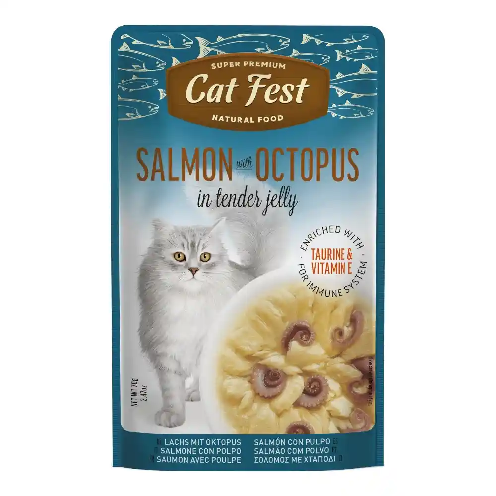 מעדן לחתול קאט פסט Cat Fest נתחי סלמון ותמנון בג‘לי מעדן לחתול קאט פסט Cat Fest נתחי סלמון ותמנון בג‘לי