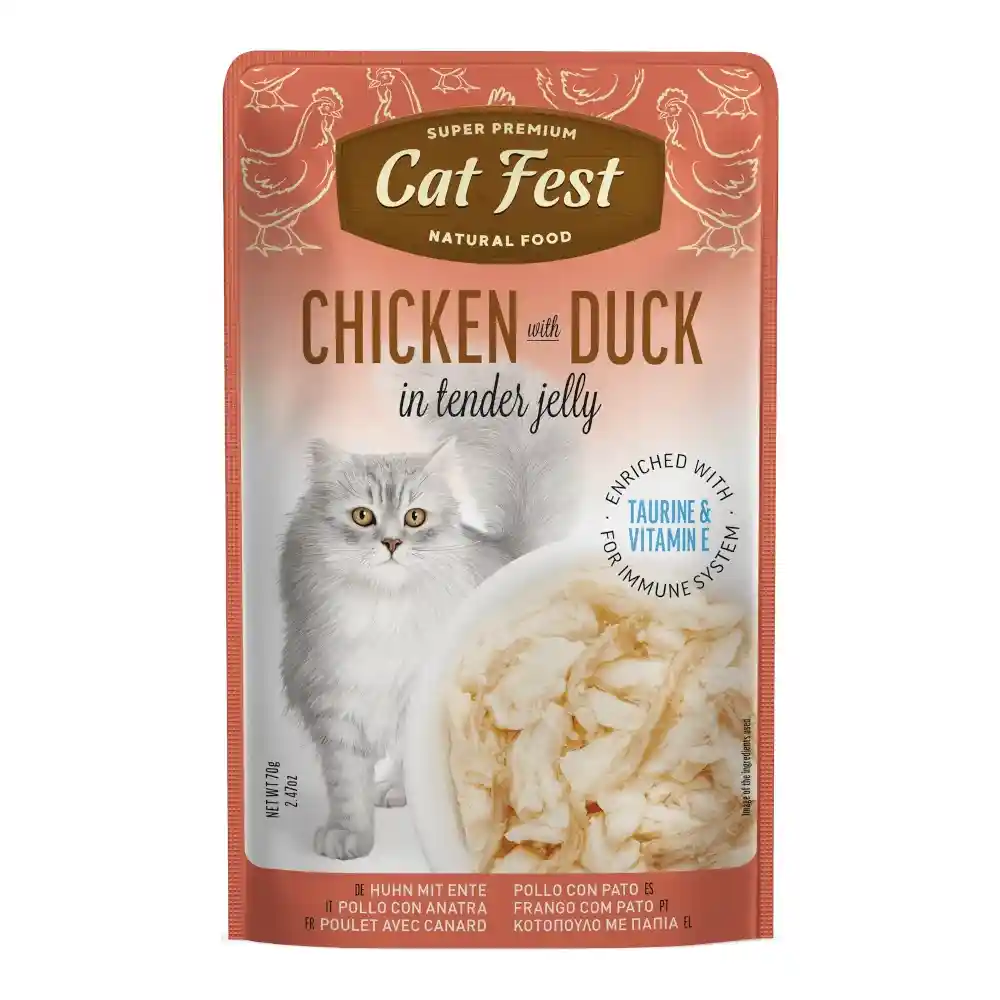 מעדן לחתול קאט פסט Cat Fest נתחי עוף וברווז בג‘לי מעדן לחתול קאט פסט Cat Fest נתחי עוף וברווז בג‘לי