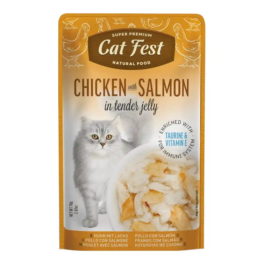 מעדן קאט פסט Cat Fest נתחי עוף וסלמון בג‘לי מעדן קאט פסט Cat Fest נתחי עוף וסלמון בג‘לי