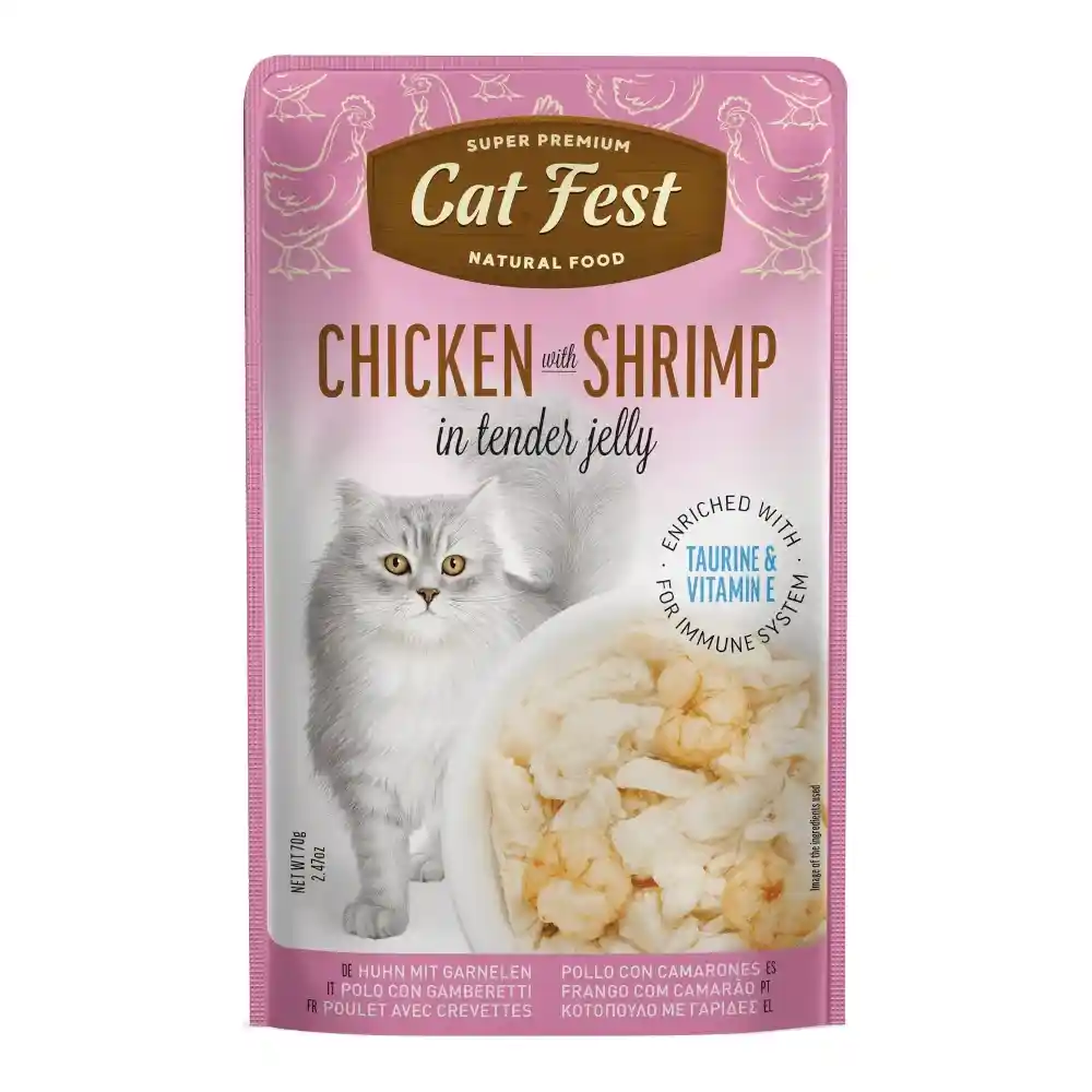 מעדן חתול קאט פסט Cat Fest נתחי עוף ושרימפס בג‘לי מעדן חתול קאט פסט Cat Fest נתחי עוף ושרימפס בג‘לי